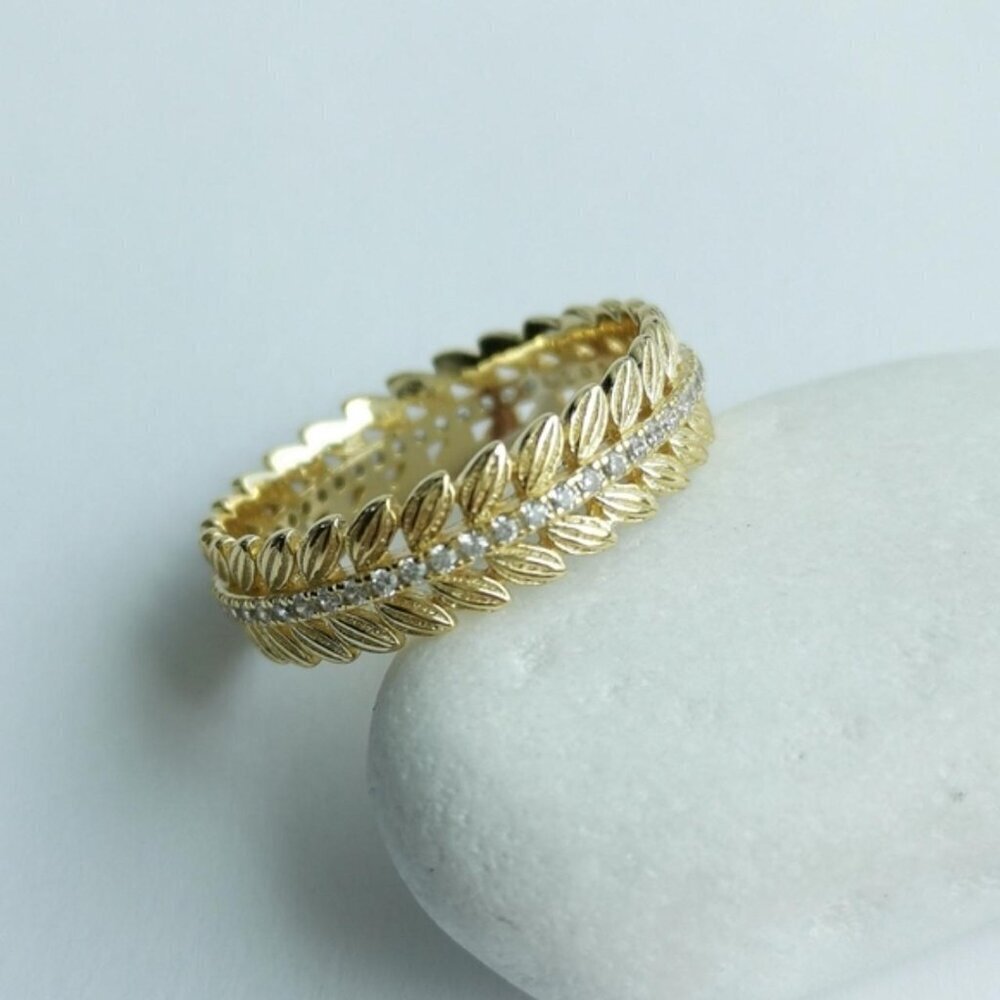White Sapphire Eternity Band Ring Laurel Leaves 14k Gold over Sterling Silver🆕